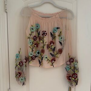 Rococo Sand Sheer Blouse with Floral Embroidery M